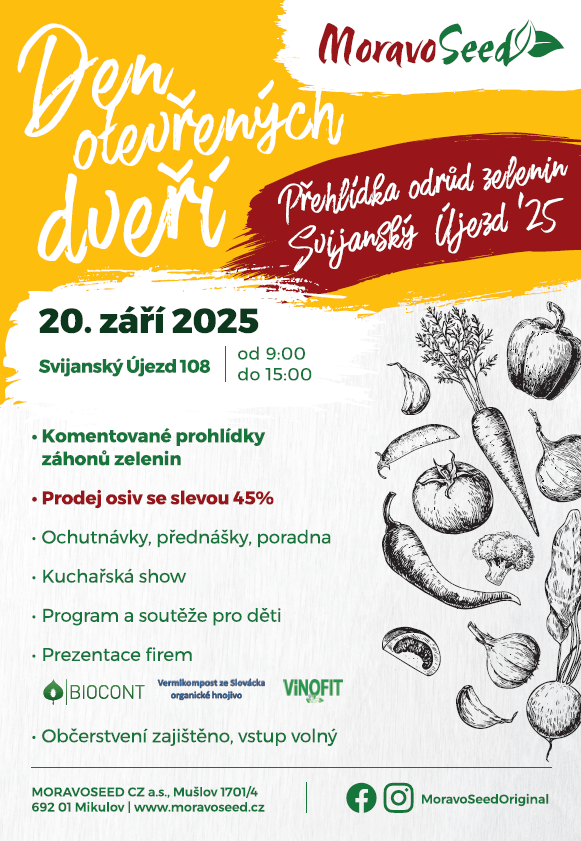Pozvánka: Den otevřených dveří MoravoSeed, přehlídka odrůd zelenin, 20. 9. 2025 9–15 h, Svijanský Újezd 108, vstup volný