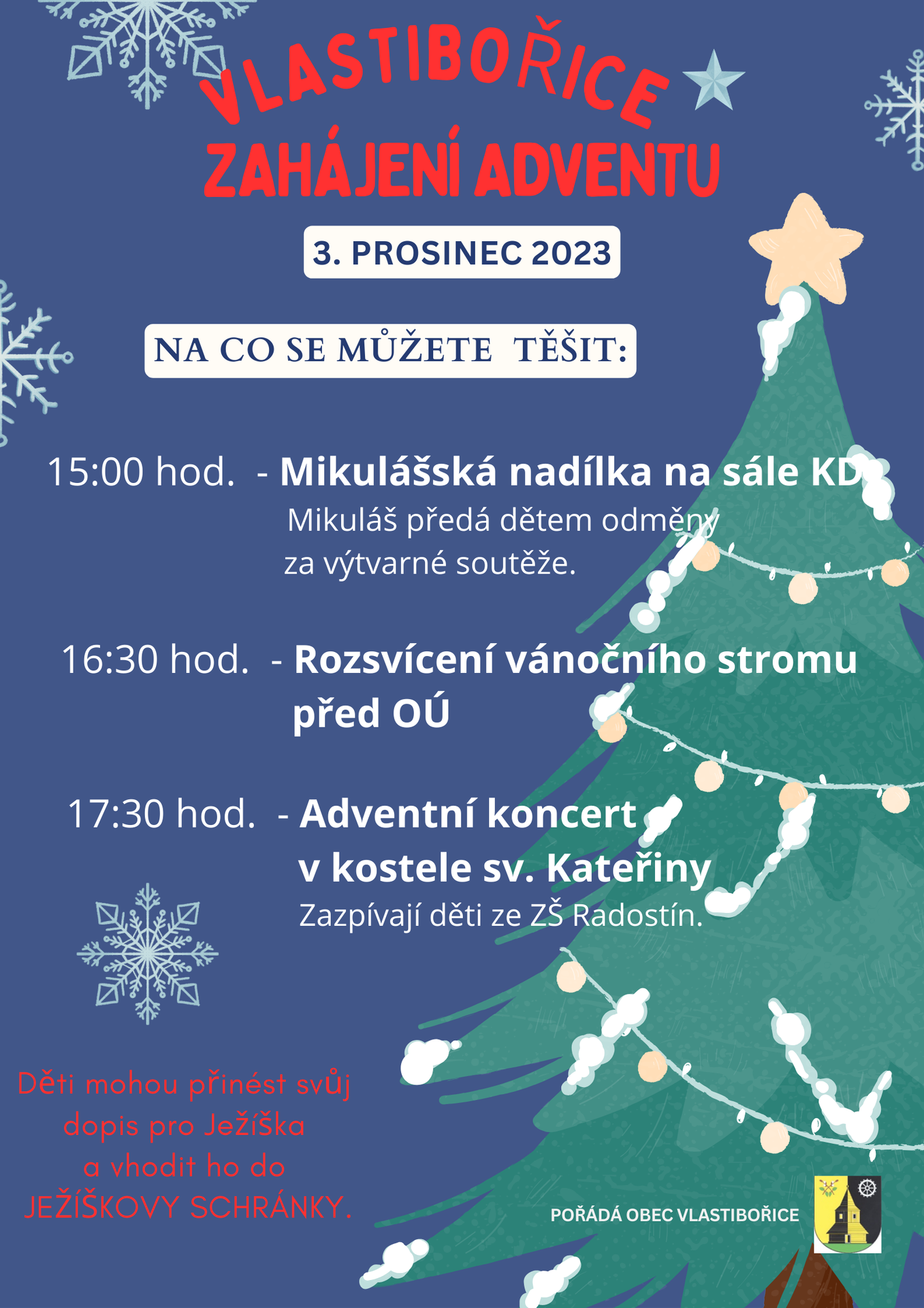 Plakát Advent - 3.12.2023 - 15:00 Mikuláš - 16:30 Rozsvícení stromku - 17:30 Adventní koncert