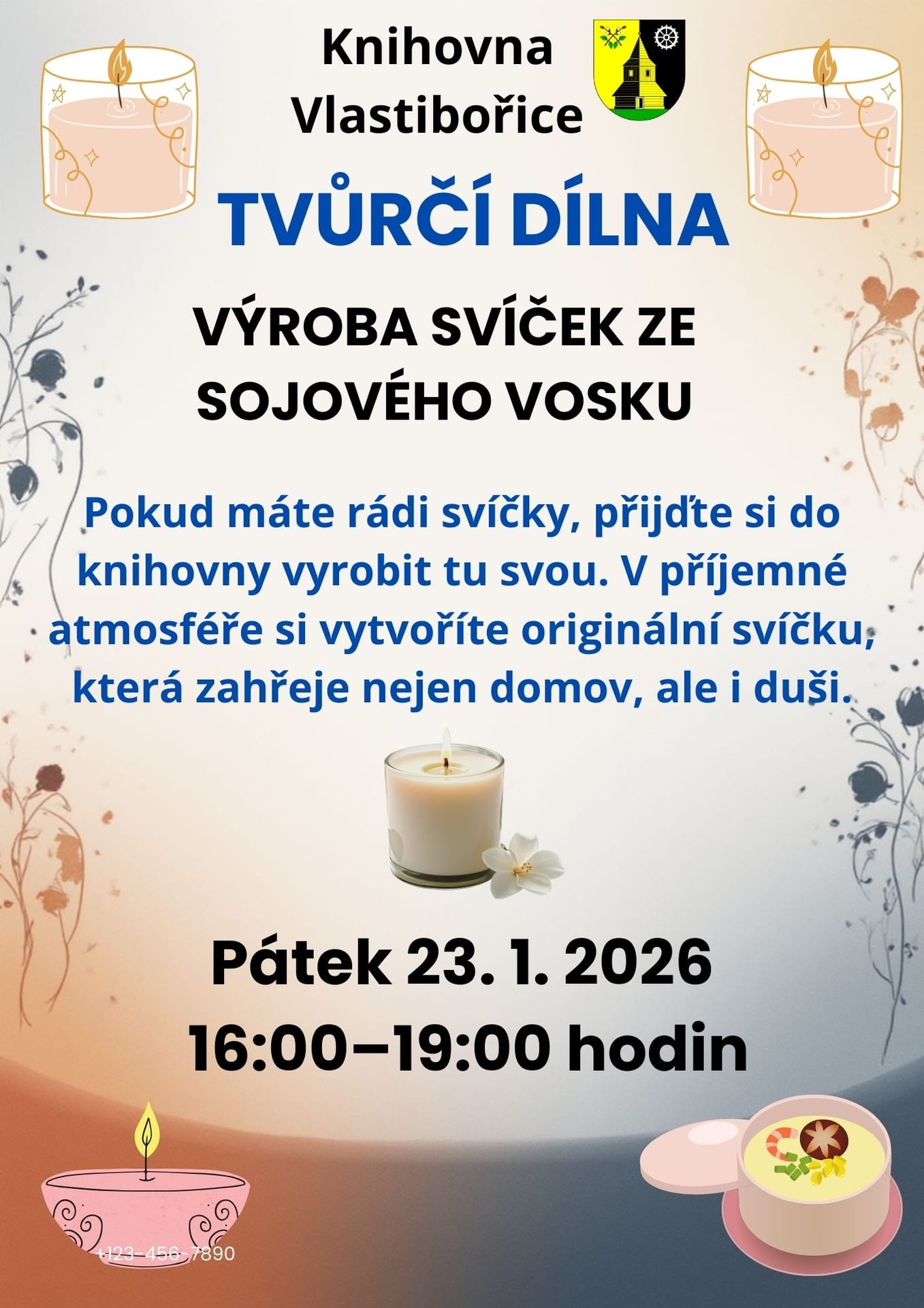 Plakát: tvůrčí dílna v knihovně – výroba svíček ze sójového vosku, pátek 23. 1. 2026, 16:00–19:00