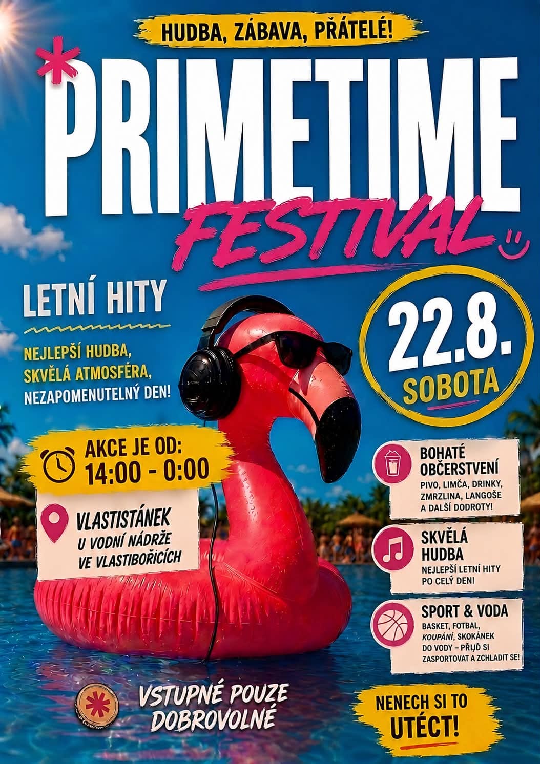 Plakát: PRIMETIME festival, sobota 22. 8. 14:00–0:00, Vlastistánek u vodní nádrže ve Vlastibořicích, vstupné dobrovolné