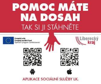 Banner Pomoc máte na dosah: QR kódy ke stažení aplikace Sociální služby LK pro Android a iOS