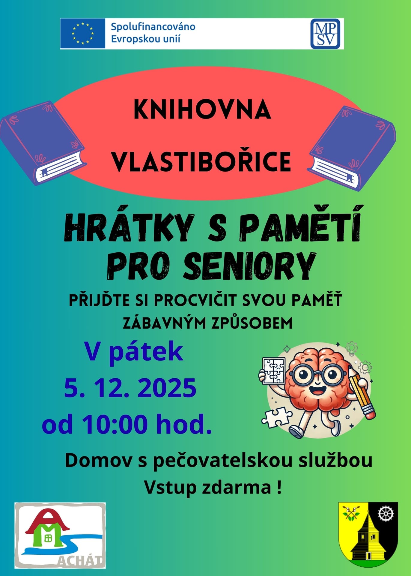 Plakát: Hrátky s pamětí pro seniory, pátek 5. 12. 2025 od 10:00, Domov s pečovatelskou službou, vstup zdarma