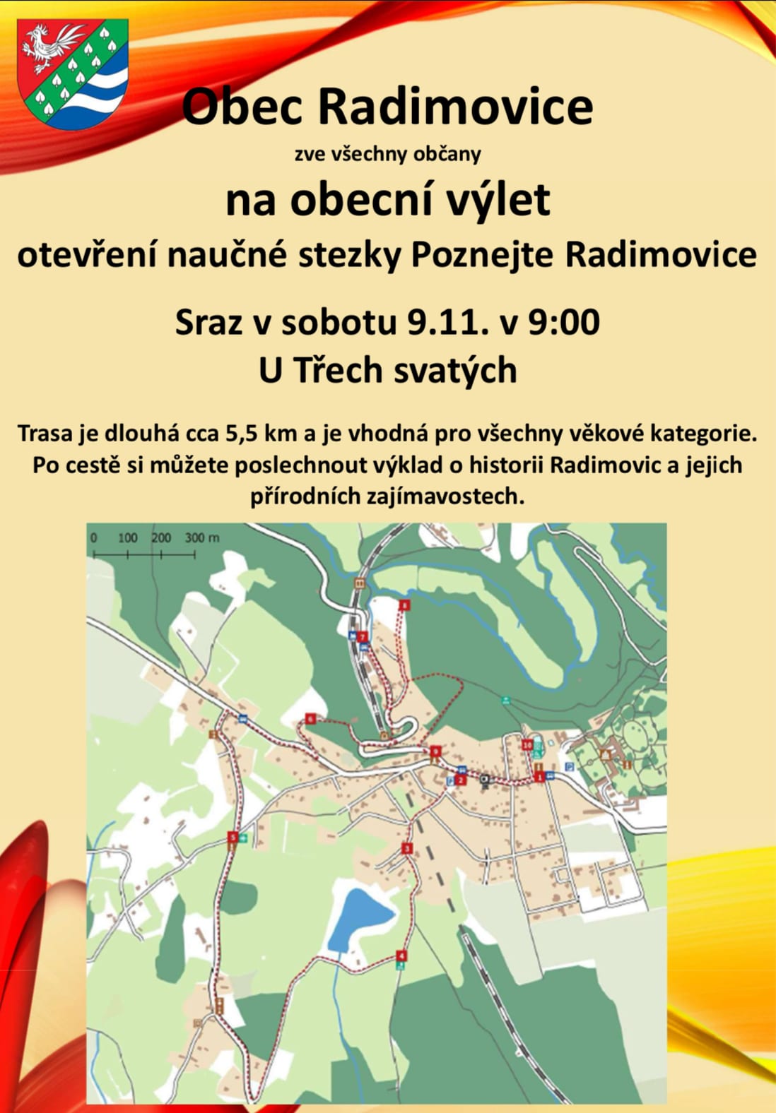 Pozvánka Radimovic na otevření naučné stezky Poznejte Radimovice: sraz v sobotu 9. 11. v 9:00 U Třech svatých, trasa 5,5 km