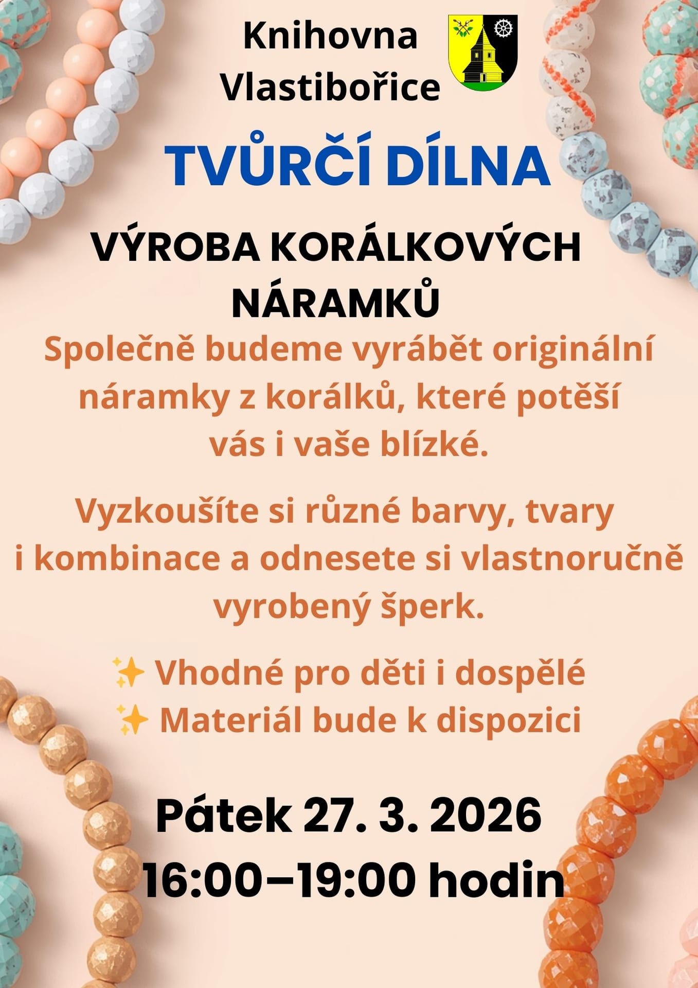 Plakát: tvůrčí dílna v knihovně – výroba korálkových náramků, pátek 27. 3. 2026, 16:00–19:00