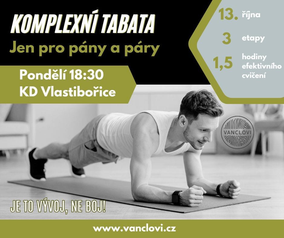 Plakát: komplexní TABATA jen pro pány a páry, od 13. října každé pondělí v 18:30, KD Vlastibořice