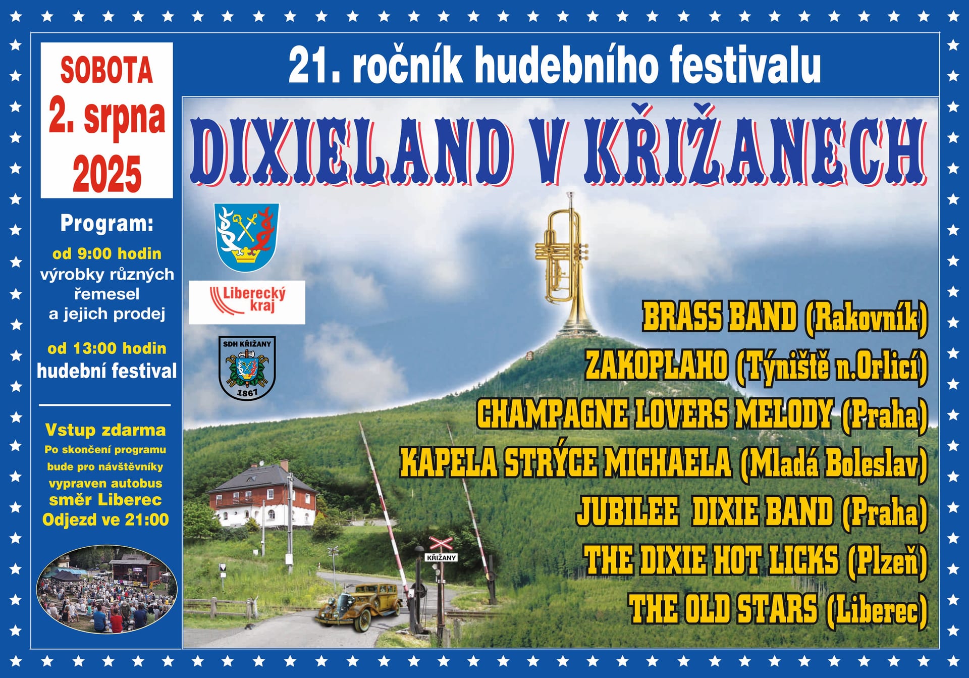 Plakát: 21. ročník festivalu Dixieland v Křižanech, sobota 2. 8. 2025, řemesla od 9:00, hudba od 13:00, vstup zdarma
