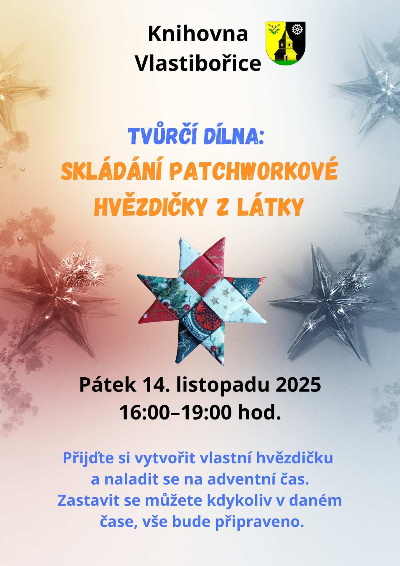 Plakát: tvůrčí dílna v knihovně – skládání patchworkové hvězdičky z látky, pátek 14. 11. 2025, 16:00–19:00
