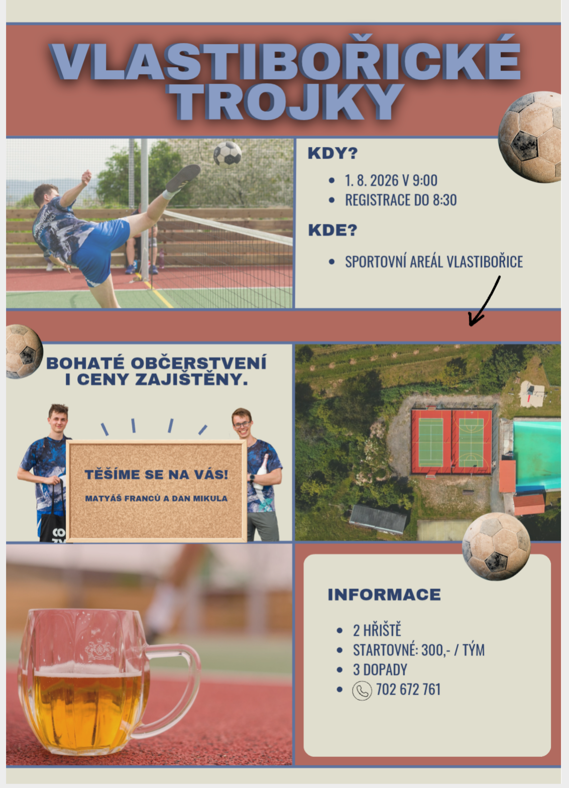 Plakát: nohejbalový turnaj Vlastibořické trojky, 1. 8. 2026 v 9:00, sportovní areál Vlastibořice, startovné 300 Kč/tým