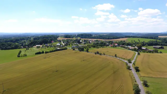 Silnice zatáčející mezi zralými poli k Jivině