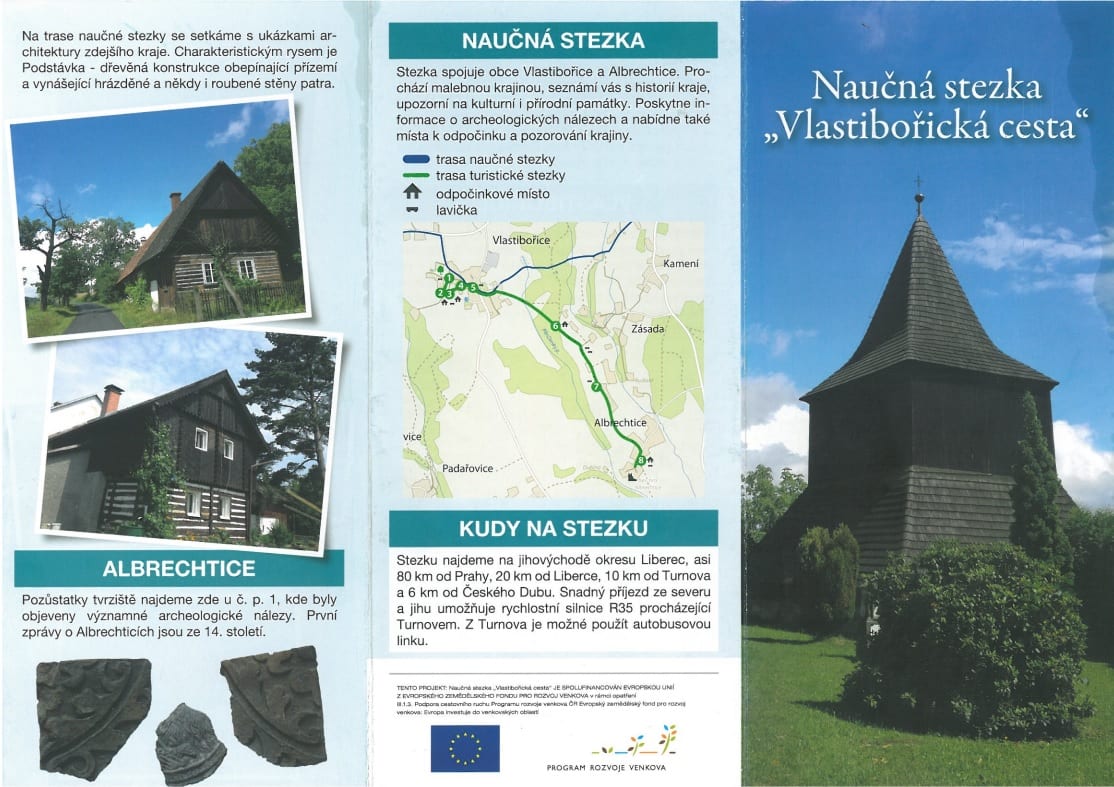 Leták naučné stezky Vlastibořická cesta: mapa trasy z Vlastibořic do Albrechtic, roubené domy a dřevěná zvonice