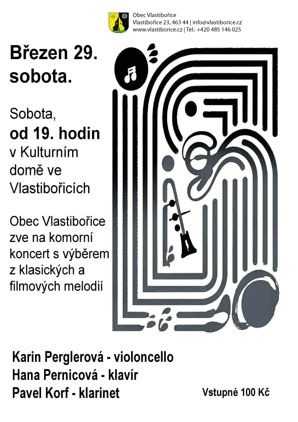 Plakát: komorní koncert klasických a filmových melodií, sobota 29. 3. 2025 od 19:00 v KD, vstupné 100 Kč